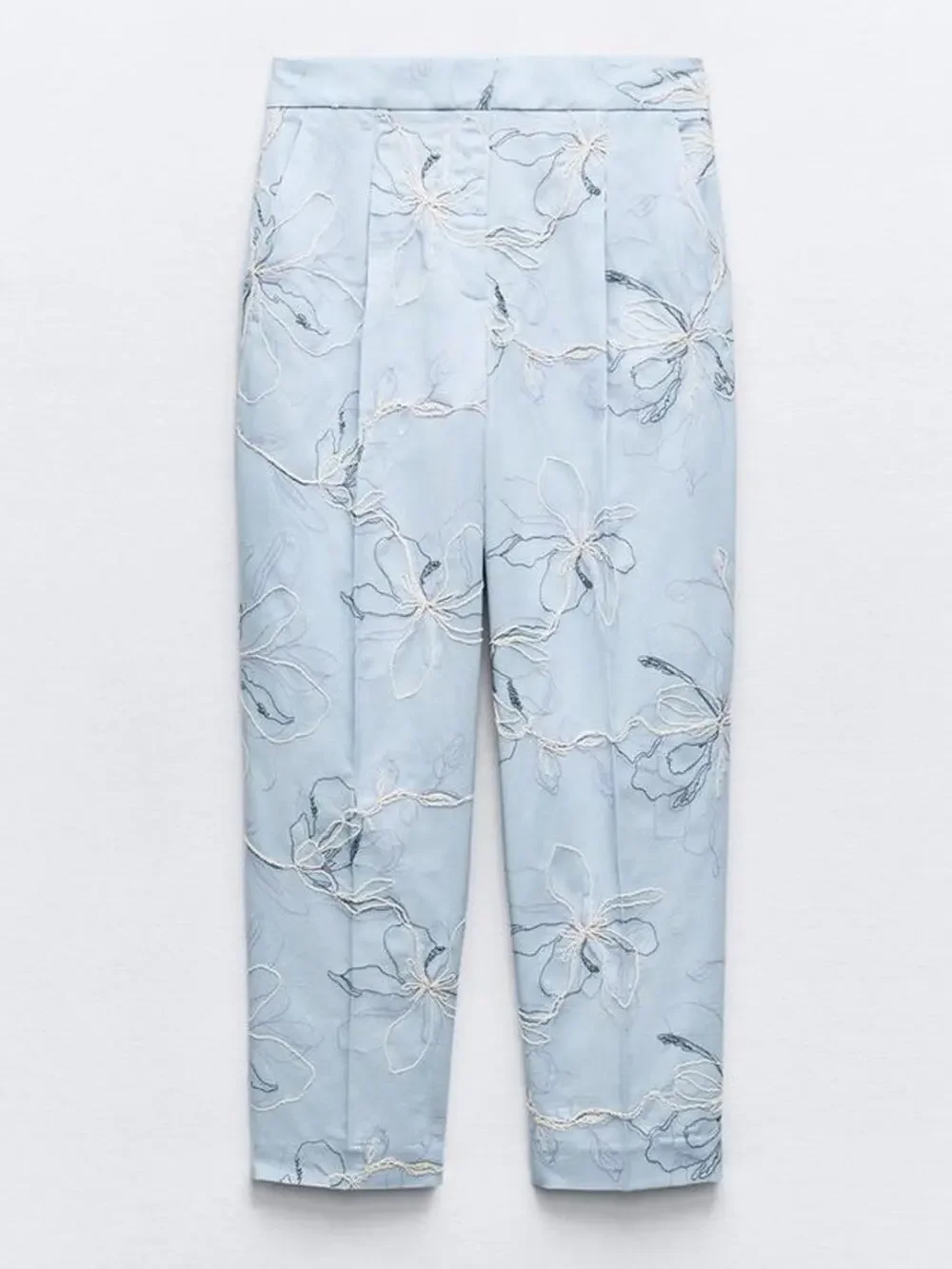 Zara Embroidered Linen Pants in Blue Floral